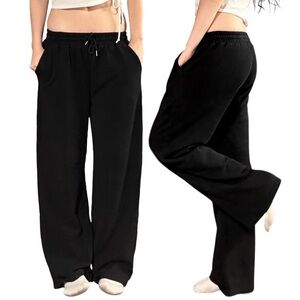 Facdiby | Black Elastic Waist Baggy Relaxed Fit Wide Leg Loungewear Pants